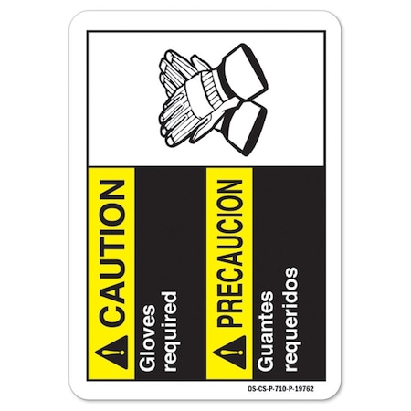 ANSI Caution Sign, Gloves Required-Bilingual, 18in X 12in Decal